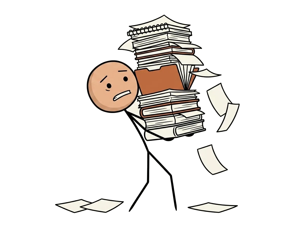 被一大疊筆記與書壓得後仰、紙張不斷掉落的人