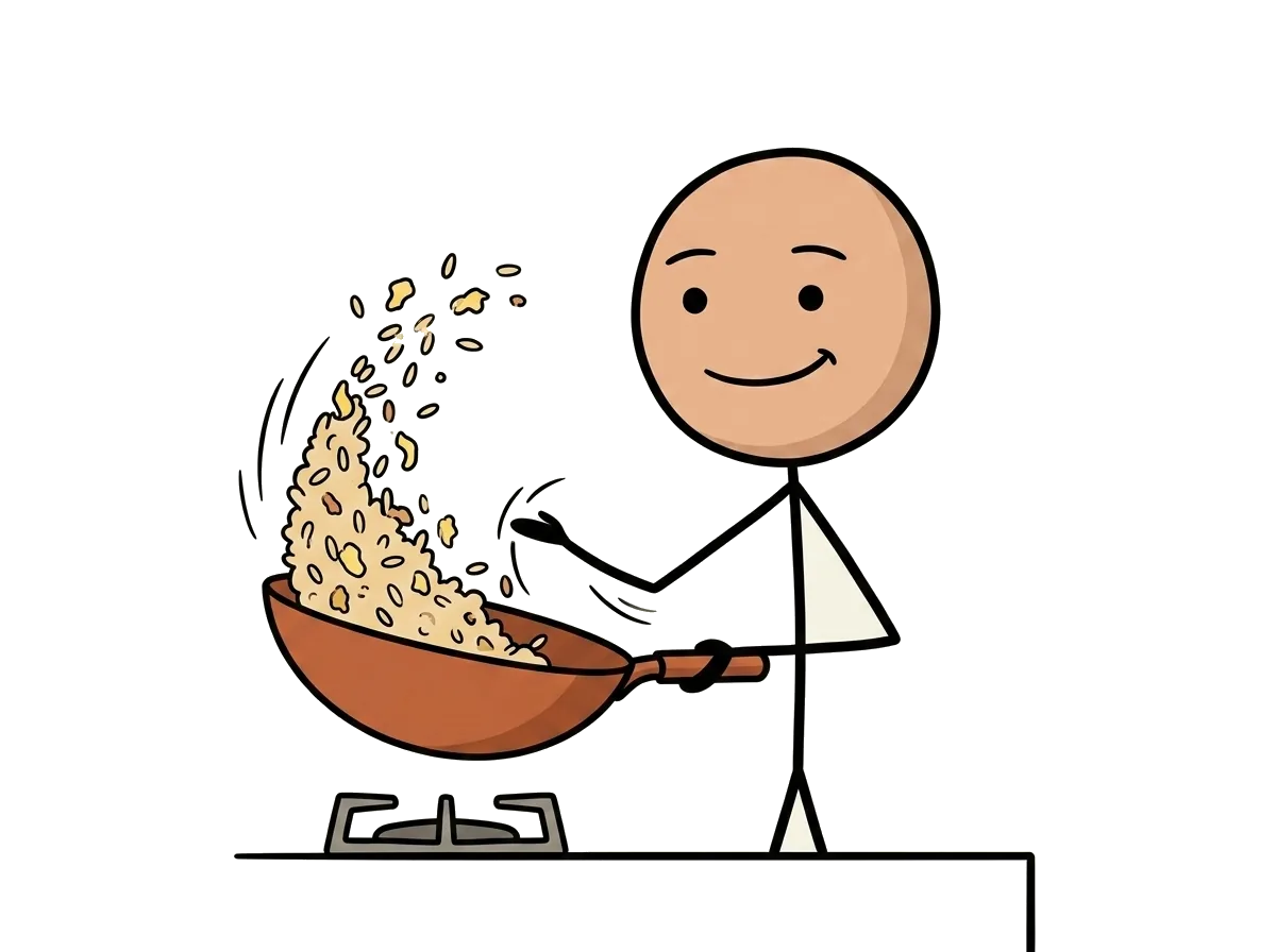 火柴人自信地顛一鍋蛋炒飯，基本功扎實的樣子