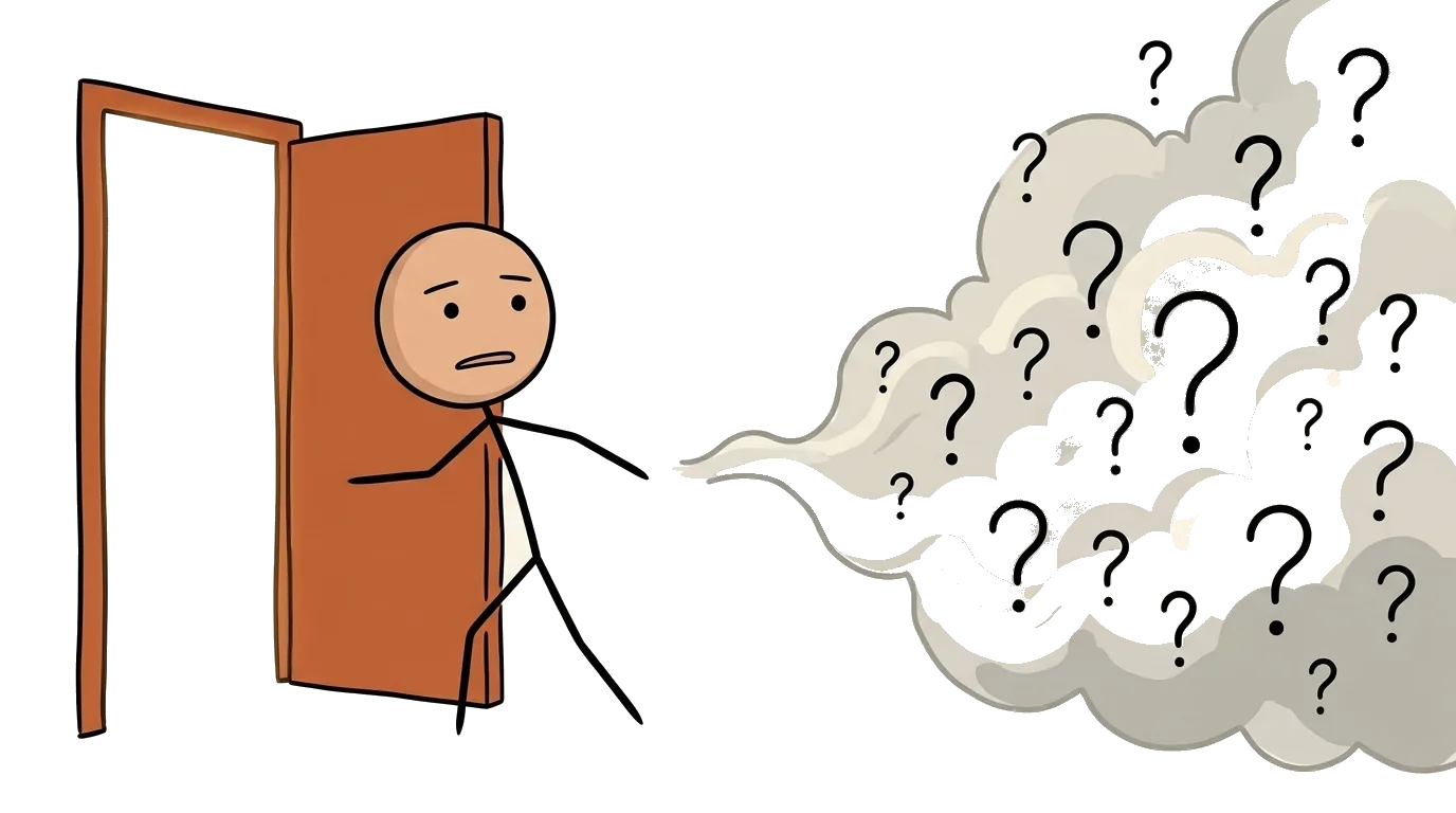 火柴人卡在發光的機遇之門和一團問號迷霧之間，又想要又害怕