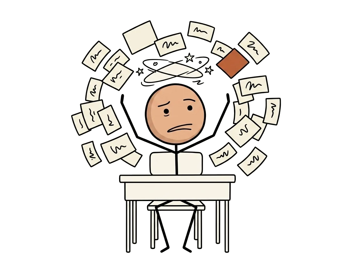 火柴人坐在課桌前被一堆飄浮的名詞卡淹沒，一臉困惑頭暈