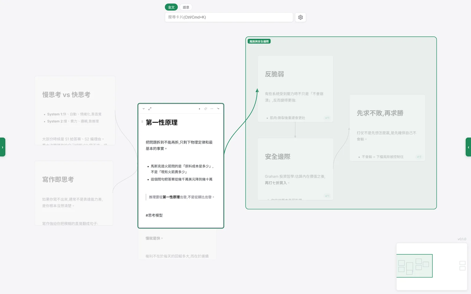 Topoi 聚焦模式：正在編輯的卡片保持明亮，周圍卡片變暗，這張卡連出去的線加亮