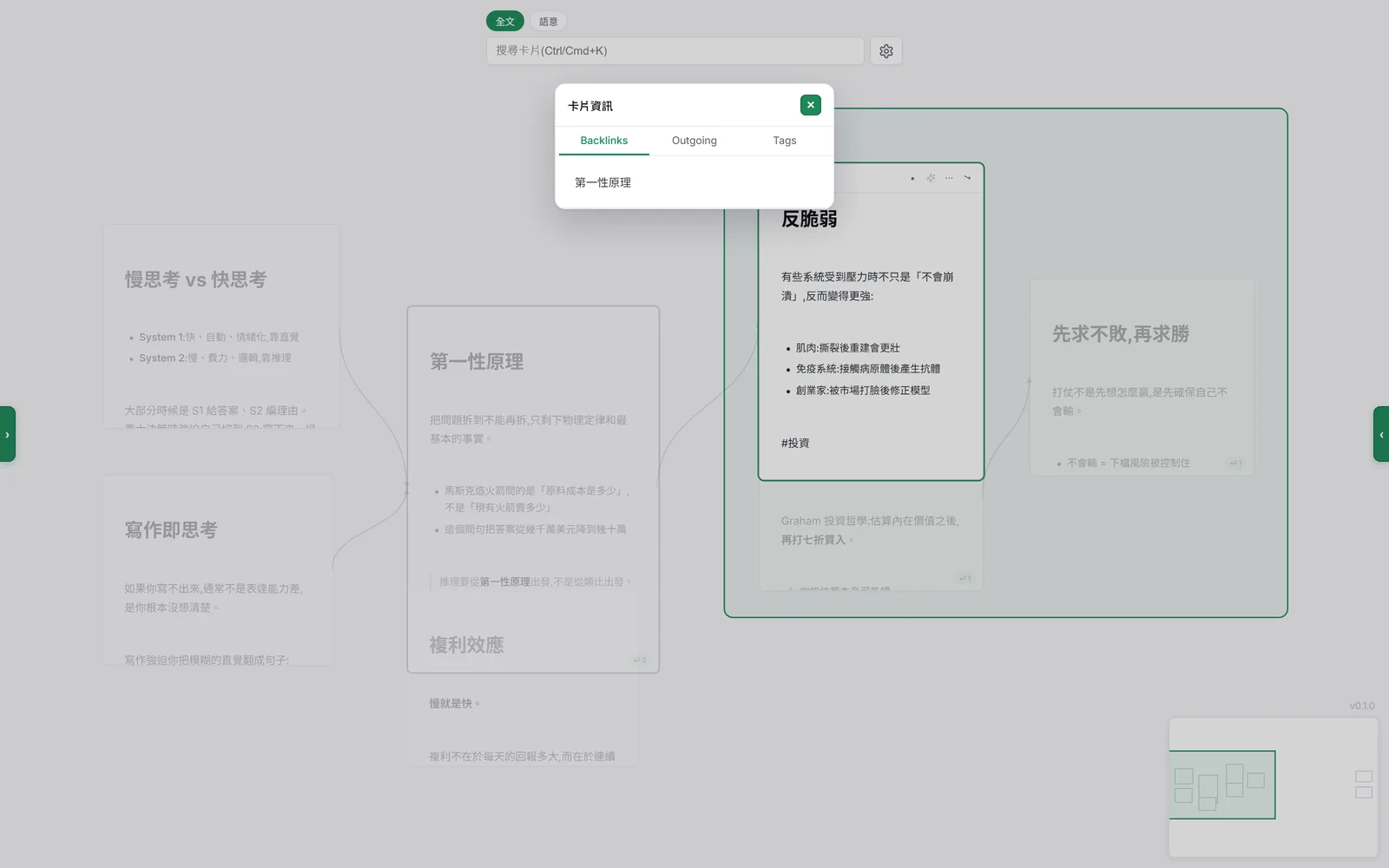Topoi 卡片資訊面板：Backlinks 反向連結、Outgoing 對外連結、Tags 標籤